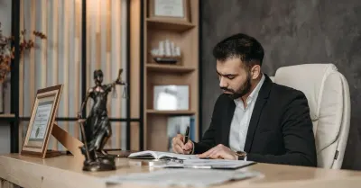 A lawyer writing on legal documents at an office desk