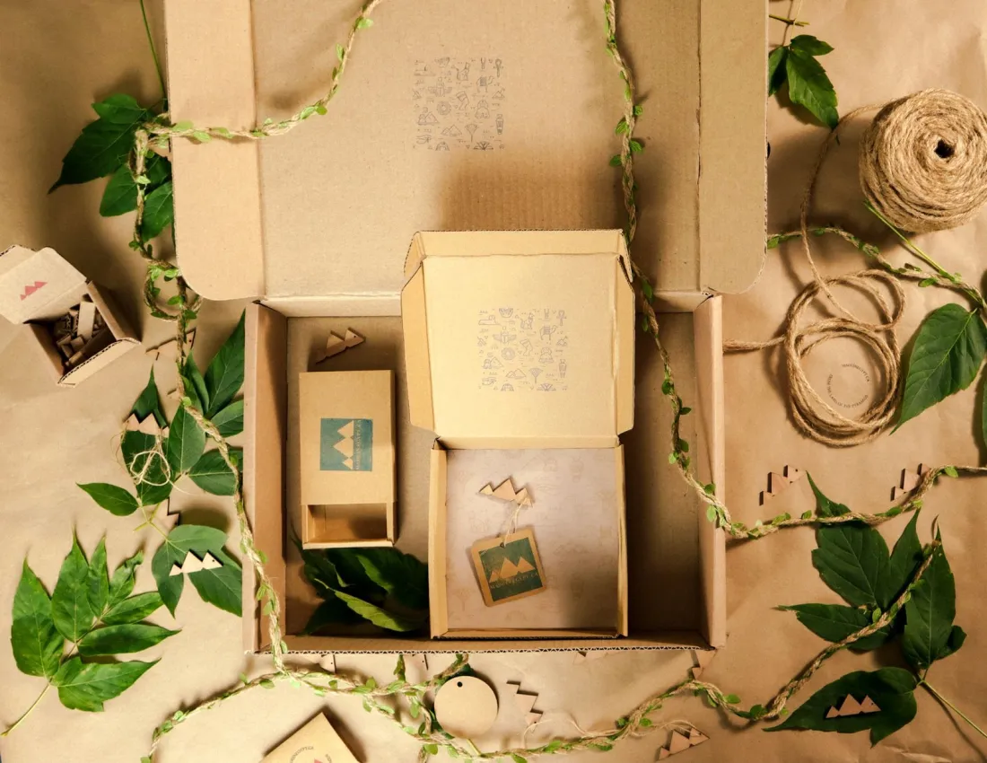 Cardboard packaging boxes surrounded by green leaves and twine, illustrating what the Empowering Consumers Directive means for green marketing claims