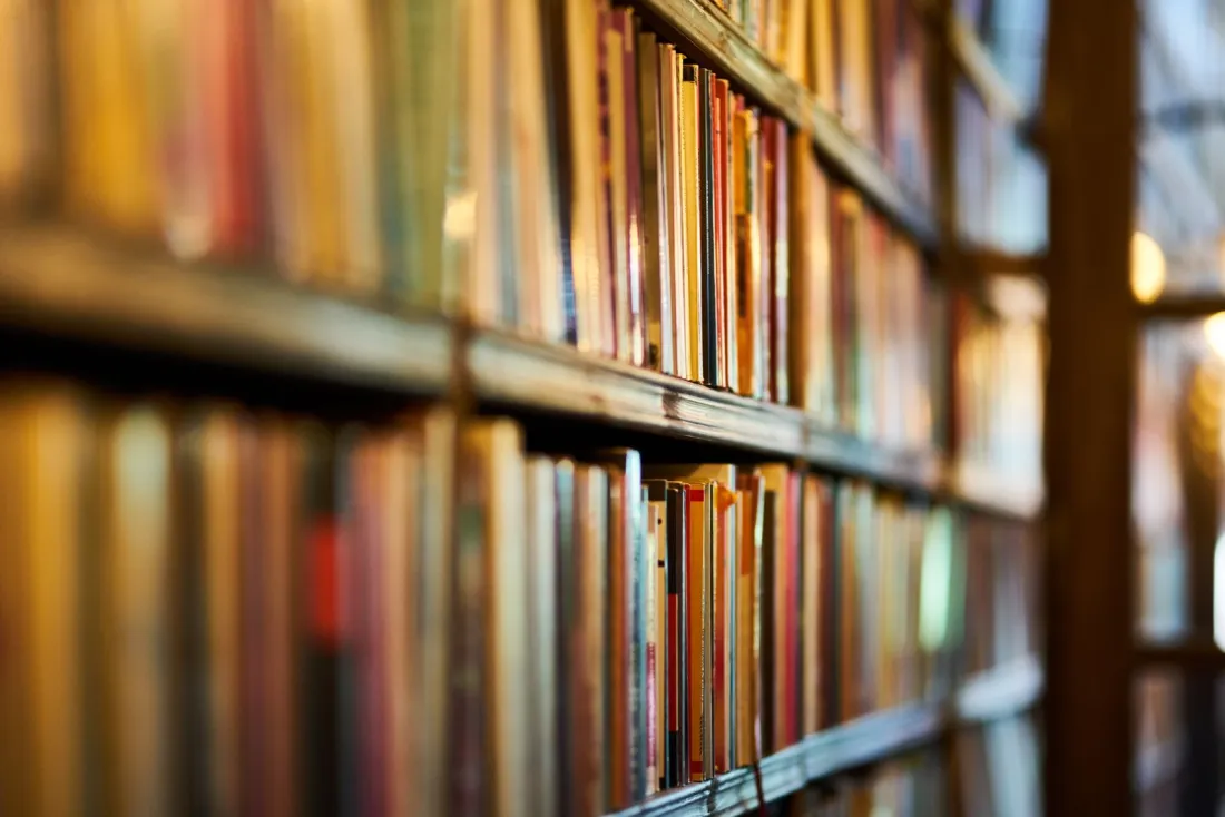 Blurred rows of library books on wooden shelves, illustrating whether training AI models is fair use after Thomson Reuters v Ross