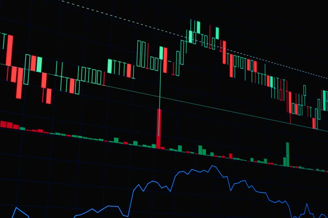 Candlestick price chart on a dark trading screen, illustrating the question of whether prediction markets are legal