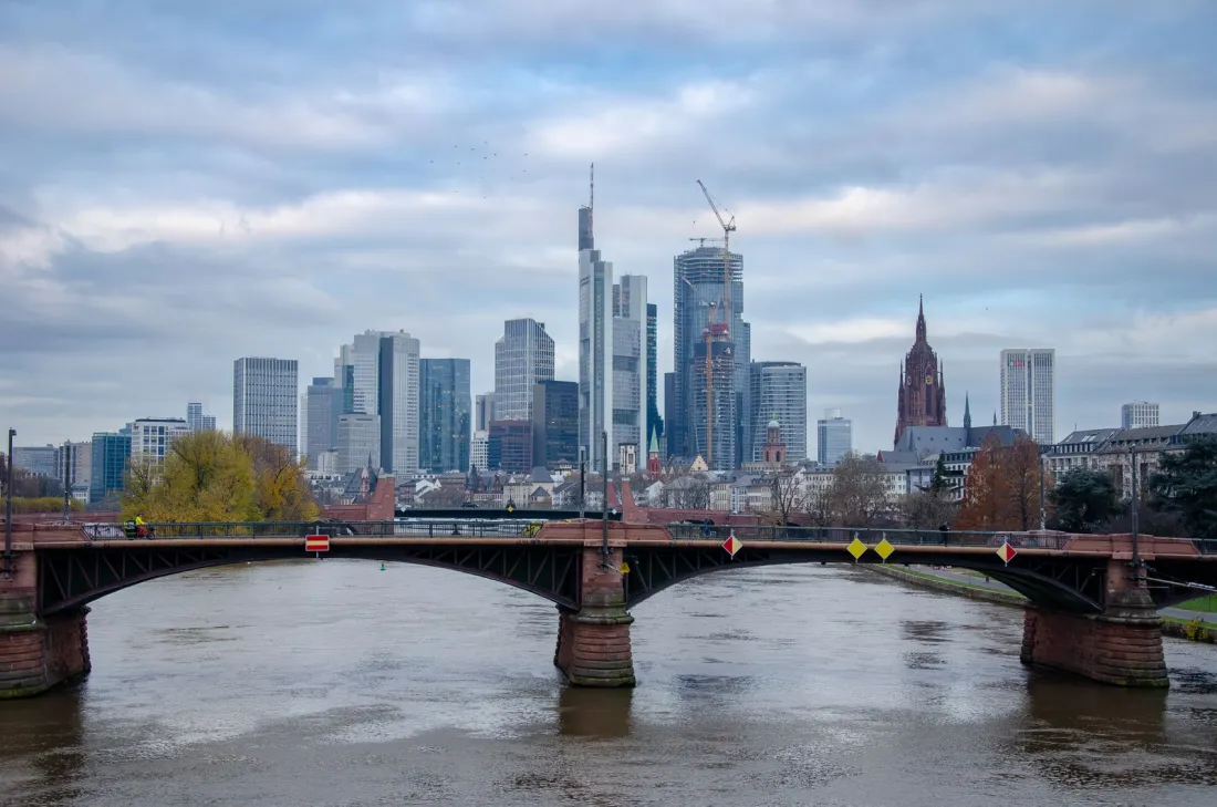Frankfurt skyline across the river Main, illustrating Germany's lead on the MiCA license list of authorised CASPs