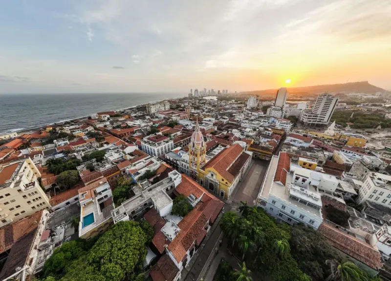 Aerial view of Cartagena's historic walled city at sunset, Colombia: lawyers and advisers in Colombia
