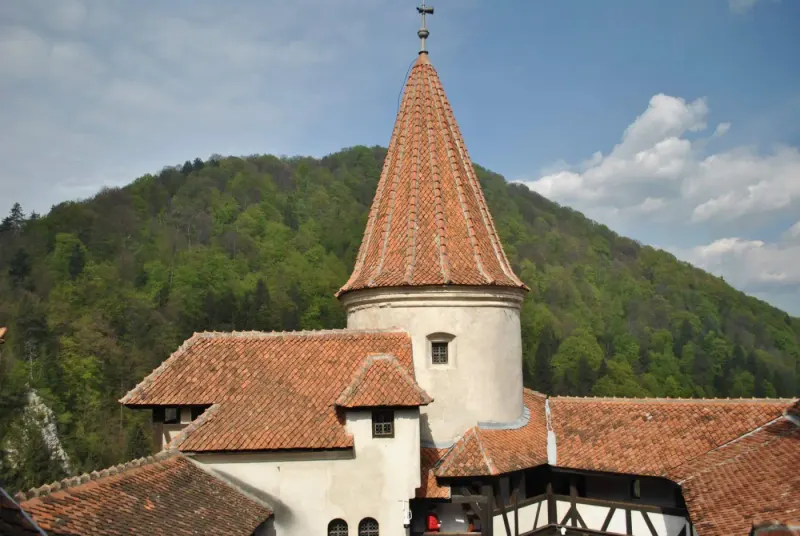 Tower and tiled roofs of Bran Castle against forested hills, Transylvania, Romania: lawyers and advisers in Romania
