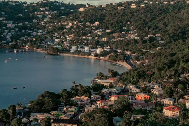 Hillside houses above a bay on the coast of Grenada: lawyers and advisers in Grenada