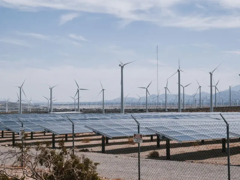 Wind turbines and solar panels on a renewable energy farm: energy, environment & resources lawyers and advisers