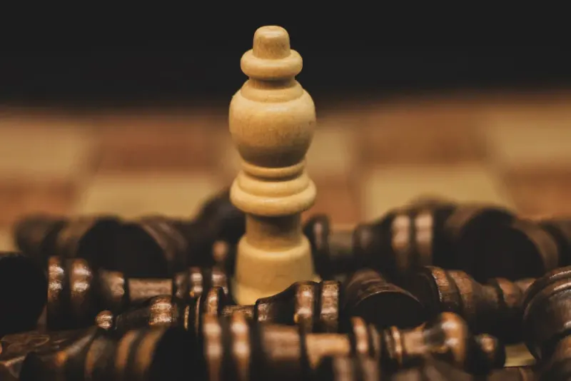 Standing chess piece surrounded by fallen pieces on a chessboard: management consulting - strategy experts and advisers
