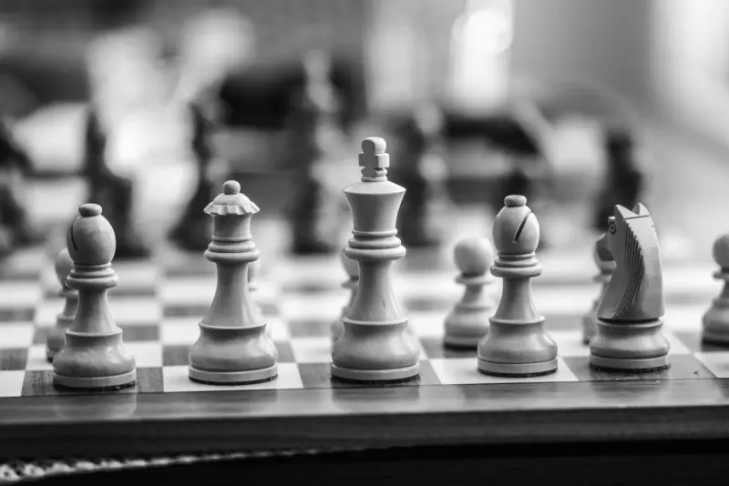 Black and white close-up of chess pieces on a chessboard: risk management experts and advisers