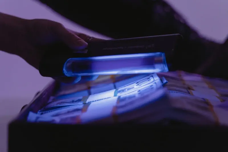 Banknotes checked under a UV light for counterfeits: economic crime experts and advisers