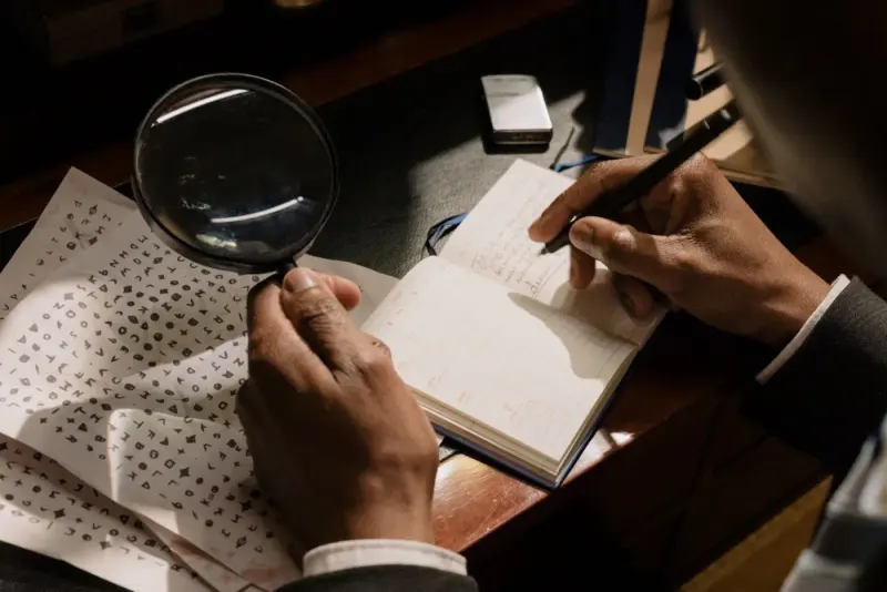 Hands decoding documents with a magnifying glass and notebook: investigations experts and advisers
