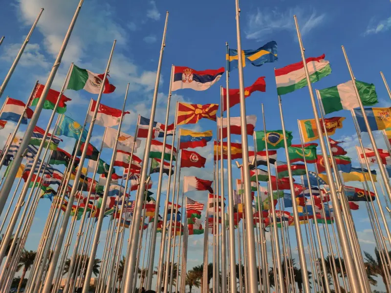 Many national flags on poles under a blue sky: public international lawyers and advisers