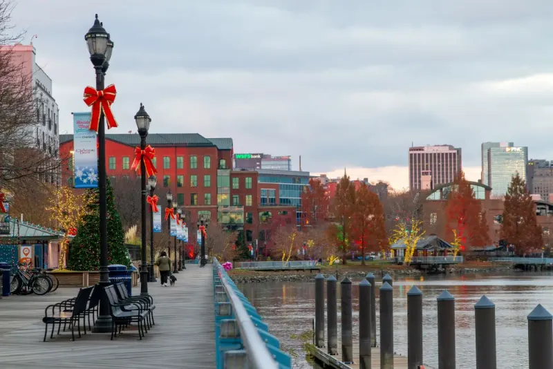 Wilmington Riverfront walkway with holiday decorations, Delaware, US: intellectual property lawyers in Delaware