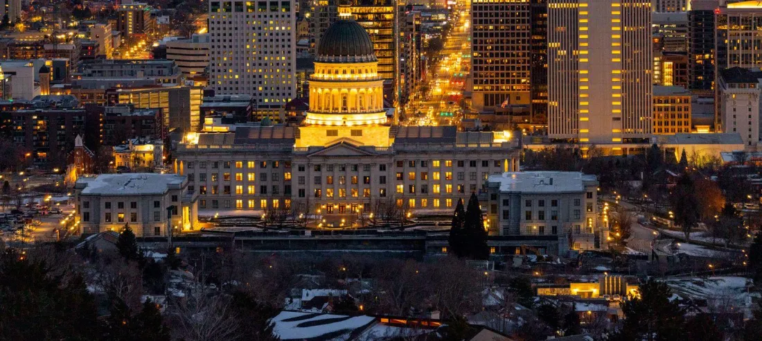 Utah State Capitol at dusk in Salt Lake City, where the Kalshi Utah lawsuit and criminal case are being fought