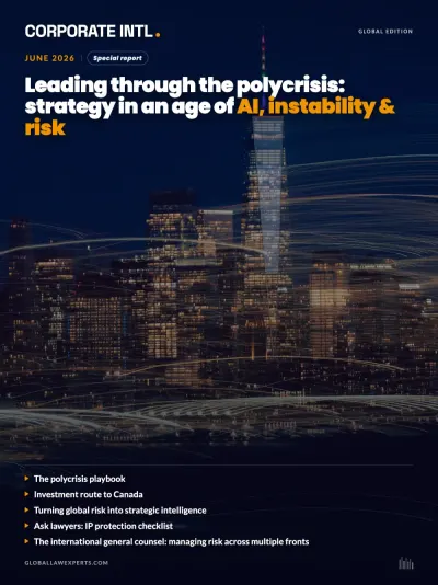Corporate INTL magazine cover, June 2026 issue: Leading Through the Polycrisis: Strategy in an Age of AI, Instability & Risk