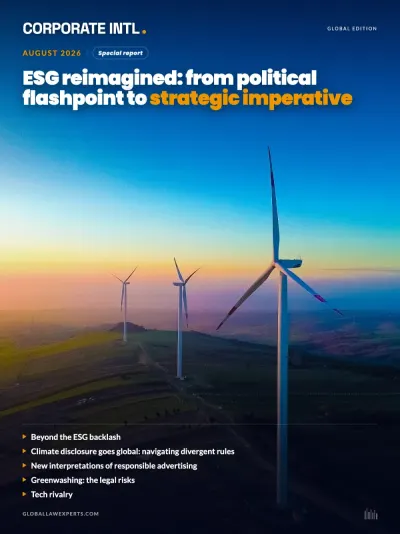 Corporate INTL magazine cover, August 2026 issue: ESG Reimagined: From Political Flashpoint to Strategic Imperative