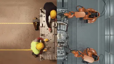 Overhead view of factory workers beside robotic arms assembling a car, illustrating digital transformation