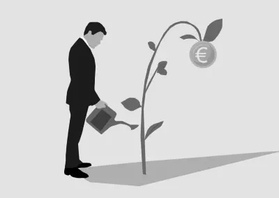 An illustration of a businessman watering a plant that bears a euro coin, symbolising a win-win loan