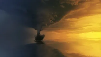 Dark waterspout forming over the ocean at sunset, illustrating shareholder support for eco-initiatives