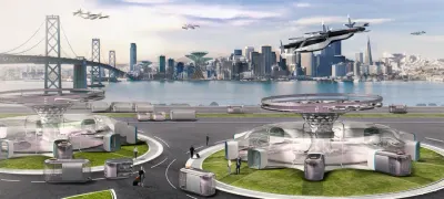 Concept illustration of flying taxis above a futuristic waterfront city, for the Hyundai Motor vision of smart mobility