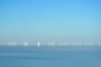 Rows of offshore wind turbines standing in calm open water, illustrating the offshore wind sector