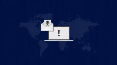 Illustration of a skull-and-crossbones email and a laptop warning over a world map, depicting Russian ransomware attacks