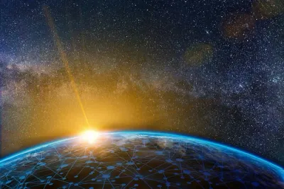 Illustration of Earth from space overlaid with a glowing network of connected nodes at sunrise, representing supply chain sustainability