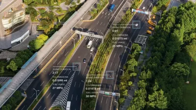 Aerial view of a highway with digital overlays tracking vehicle idling and emissions, reflecting commercial EV adoption