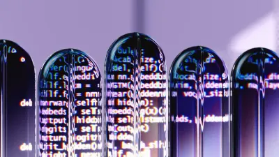 Abstract glass columns reflecting streams of computer code, representing the race for AI-ready talent