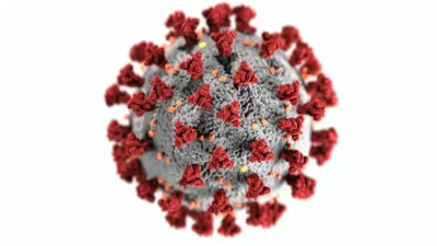 Close-up illustration of a coronavirus particle, illustrating the hiring decrease caused by Covid-19