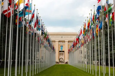 Rows of national flags lining the approach to the United Nations building, illustrating UN spending on goods and services