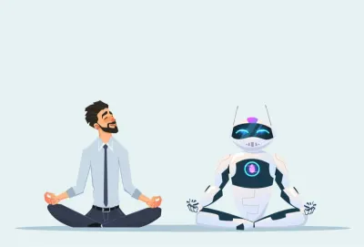Illustration of a man and a robot sitting cross-legged in matching meditation poses, symbolising consumer trust in the AI age