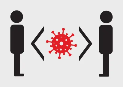 An icon illustration of two people standing apart with a red virus symbol between them, representing social distancing measures
