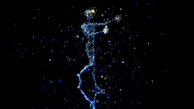 Glowing digital particles forming a human silhouette in darkness, representing the emerging metaverse